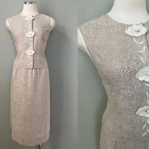 Vintage 1950s Linen 2pc Embroidered Suit Skirt and Sleeveless Top Dress Outfit